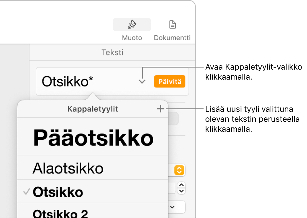 Kappaletyylit-valikko, jossa on säätimiä tyylin lisäämiseen ja muuttamiseen.