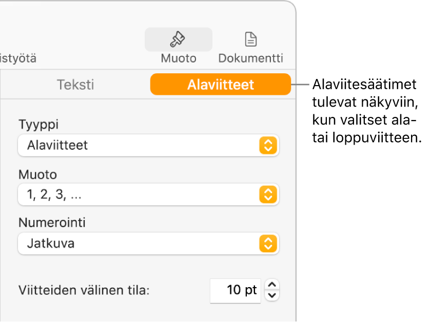 Alaviitteet-osio, jossa näkyy ponnahdusvalikot Tyyppi, Muoto, Numerointi ja Viitteiden välinen tila.