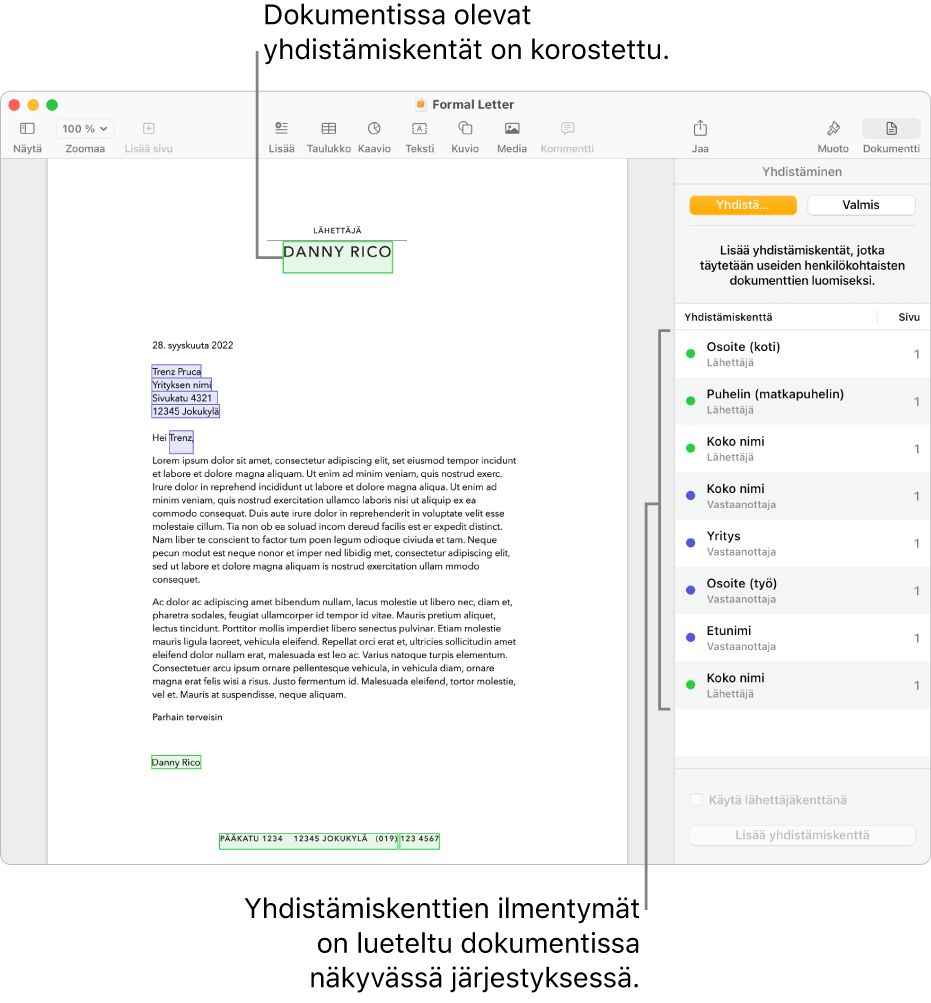 Pages-dokumentti, jossa on vastaanottaja- ja lähettäjäkentät sekä yhdistämiskentän ilmentymäluettelo näkyvillä Dokumentti-sivupalkissa.