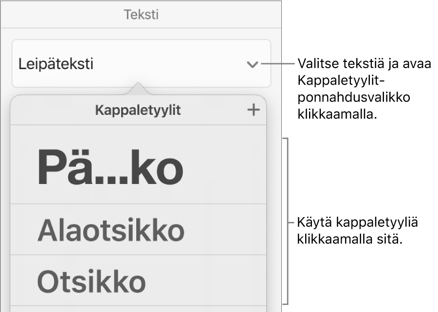 Kappaletyylit-valikko.