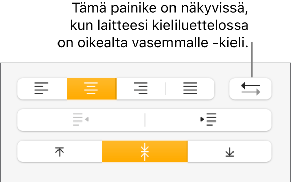 Muoto-sivupalkin Tasaus-osiossa oleva Kappaleen suunta -painike.