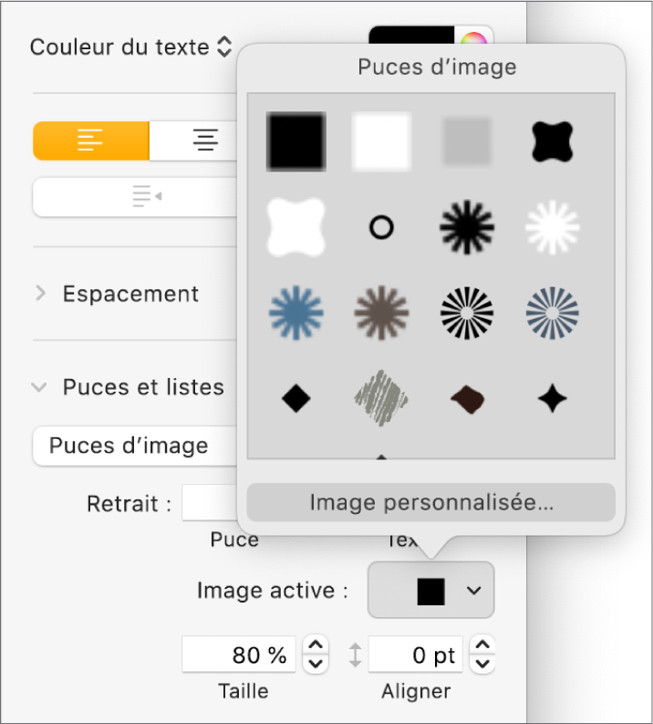 Le menu contextuel Puces d’image.