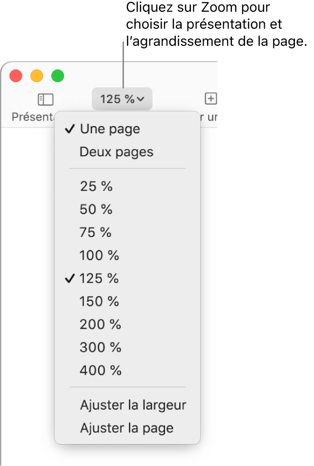 Menu contextuel Zoom avec options d’affichage Une page et Deux pages en haut, pourcentages allant de 25 % à 400 % en dessous et commandes Ajuster la largeur et Ajuster la page en bas.