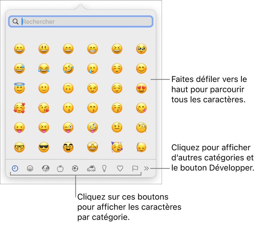 Le visualiseur de caractères affichant des émojis, les boutons des différentes catégories de symboles en bas de la fenêtre et un bouton pour afficher plus de catégories et le bouton Développer.