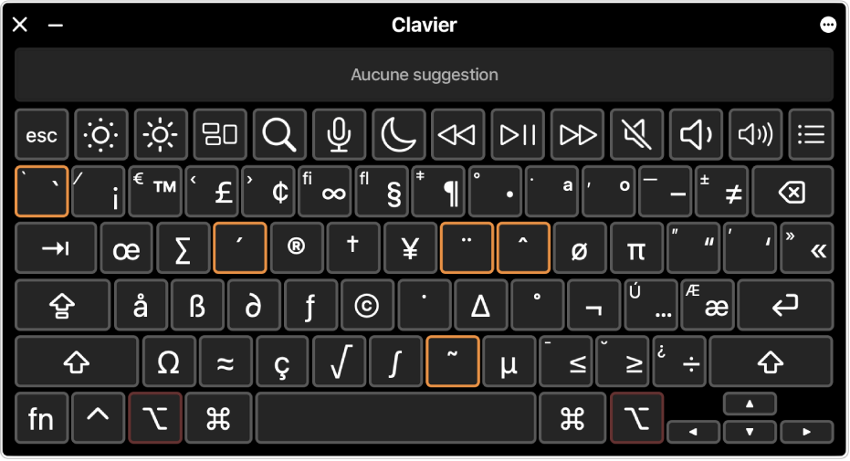 Le visualiseur de clavier s’ouvre avec des touches mortes en surbrillance.