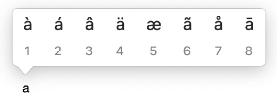 Le menu des accents s’ouvre avec les options pour les accents et autres signes diacritiques pour la lettre a.