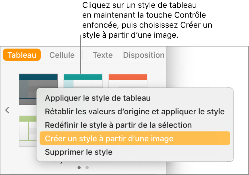 Le menu contextuel Style de tableau.