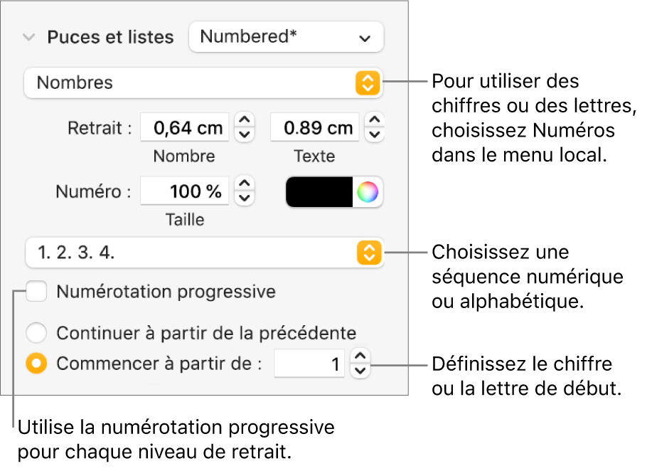 Commandes de modification du style de numérotation et de l’espacement d’une liste.