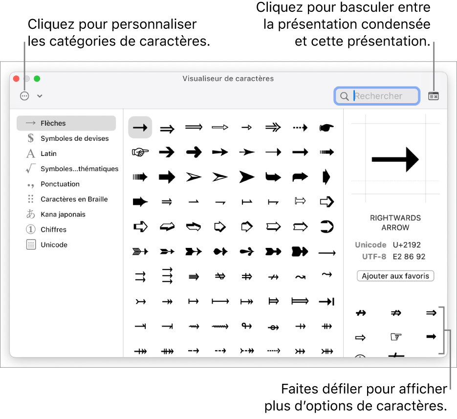 Le visualiseur de caractères étendu affiche les caractères spéciaux et les symboles, un menu pour les différentes catégories de symboles sur la gauche et un bouton dans le coin supérieur droit qui vous permet de revenir à la vue réduite.