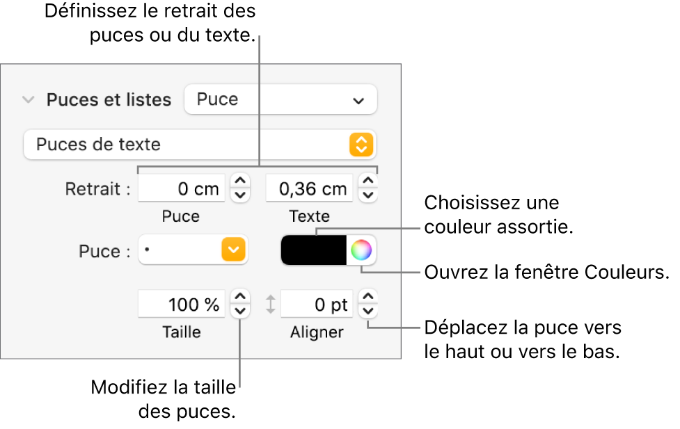 Section Puces et listes accompagnée des légendes des commandes pour le retrait des puces et du texte, la couleur des puces, leur taille et leur alignement.