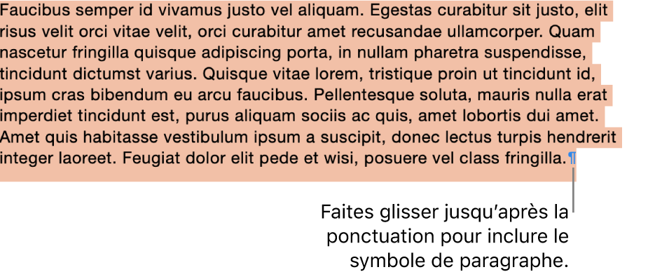 Un paragraphe sélectionné, avec le symbole de paragraphe inclus dans la sélection.