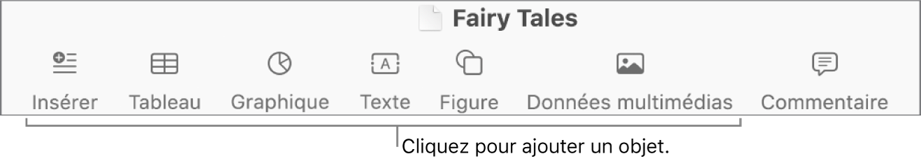 La barre d’outils avec des boutons permettant d’ajouter des tableaux, graphiques, zones de texte, figures et contenu multimédia.