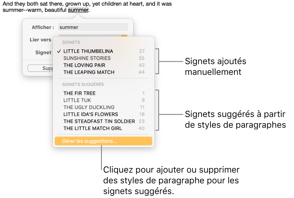 Liste de signets, avec les signets manuellement ajoutés en haut et les signets suggérés en dessous. L’option Gérer les suggestions s’affiche en bas.