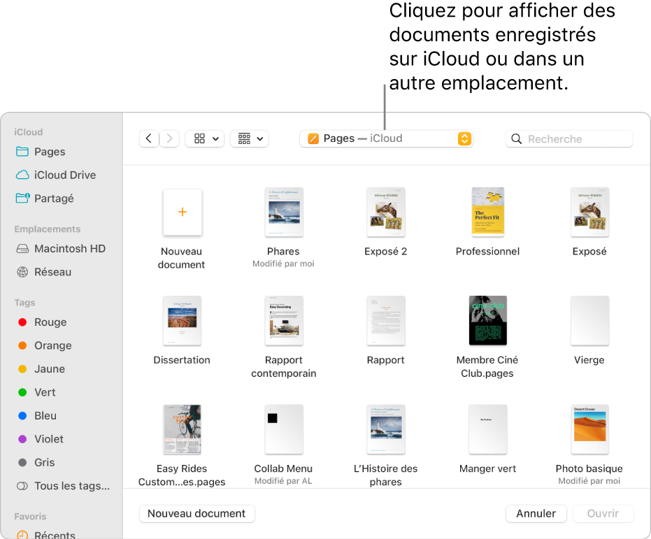 La zone de Dialogue Ouvrir avec la barre latérale ouverte sur la gauche et iCloud Drive sélectionné dans le menu local en haut. Des dossiers pour Keynote, Numbers et Pages apparaissent dans la zone de dialogue, ainsi que le bouton Nouveau document.