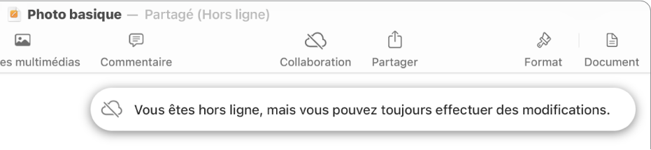 Les boutons en haut de l’écran, avec le bouton Collaboration remplacé par un nuage barré d’une ligne diagonale. Une alerte à l’écran indique « Vous êtes hors ligne, mais vous pouvez toujours effectuer des modifications ».