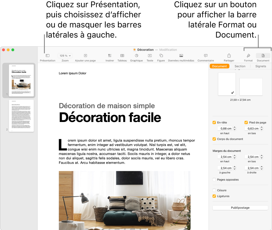 La fenêtre Pages, accompagnée de légendes traitant du bouton du menu Présentation et des boutons Format et Document dans la barre d’outils. Les barres latérales sont visibles à gauche et à droite.