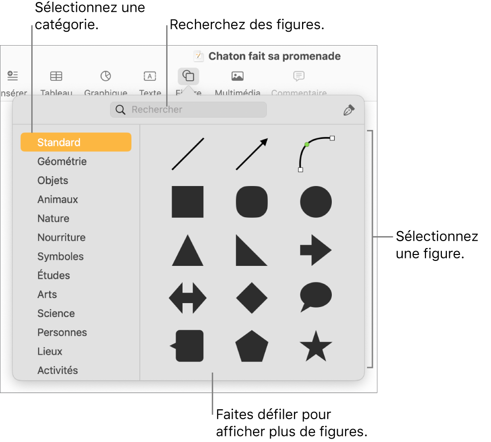 Bibliothèque de figures, avec les catégories répertoriées sur le côté gauche et les figures affichées sur le côté droit. Vous pouvez utiliser le champ de recherche situé en haut pour rechercher des figures. Vous pouvez également parcourir l’écran pour en trouver d’autres.