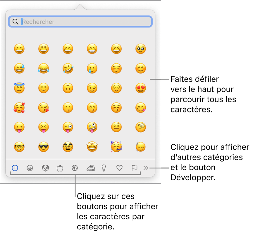 Le visualiseur de caractères affichant des Emoji, les boutons de différentes catégories de symboles en bas, un bouton permettant d’afficher d’autres catégories, ainsi que le bouton Développer.