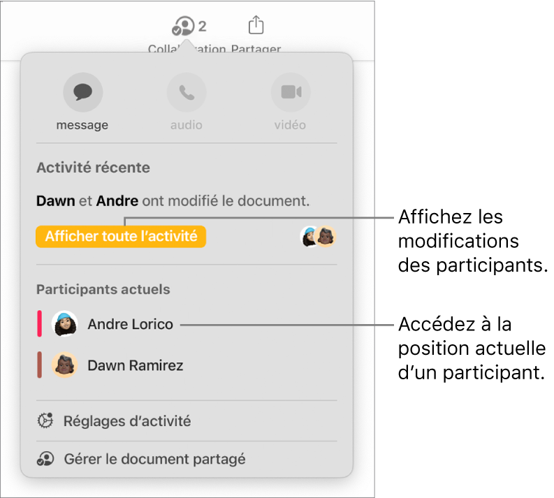 Le menu de collaboration comptant deux participants actifs.