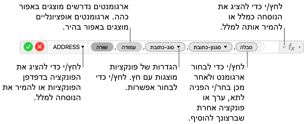 ״עורך הנוסחאות״ מציג את הפונקציה ADDRESS ואת אסימוני הארגומנטים שלה.