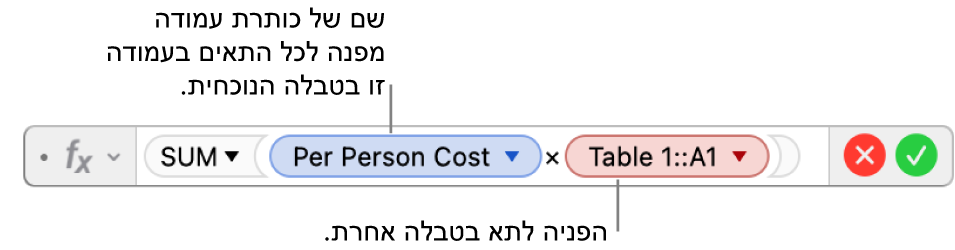 עורך הנוסחאות מציג נוסחה המפנה לעמודה בטבלה אחת ולתא בטבלה אחרת.