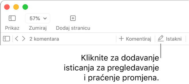 Traka s izbornikom u kojoj se prikazuje izbornik Umetni i, ispod nje, alatna traka aplikacije Pages s prikazanim alatima za pregled te balončićem za tipku Označi.