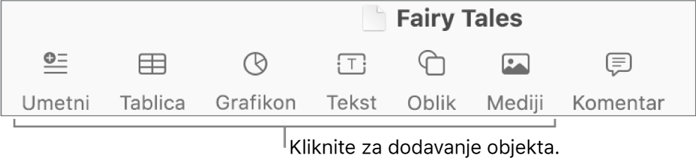 Alatna traka sa tipkama za dodavanje tablica, grafikona, teksta, oblika i medija.