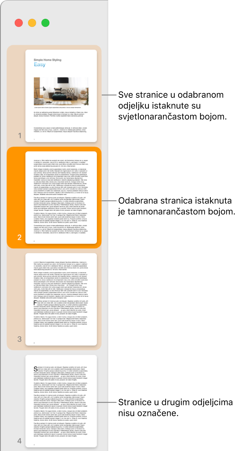 Rubni stupac Prikaz minijatura, s odabranom stranicom označenom tamnonarančastom bojom i svim stranicama u odabranom odjeljku označenima svjetlonarančastom bojom.