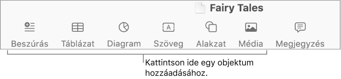 A Pages eszközsora a Beszúrás, Táblázat, a Diagram, a Szöveg, az Alakzat és a Média gombokkal.