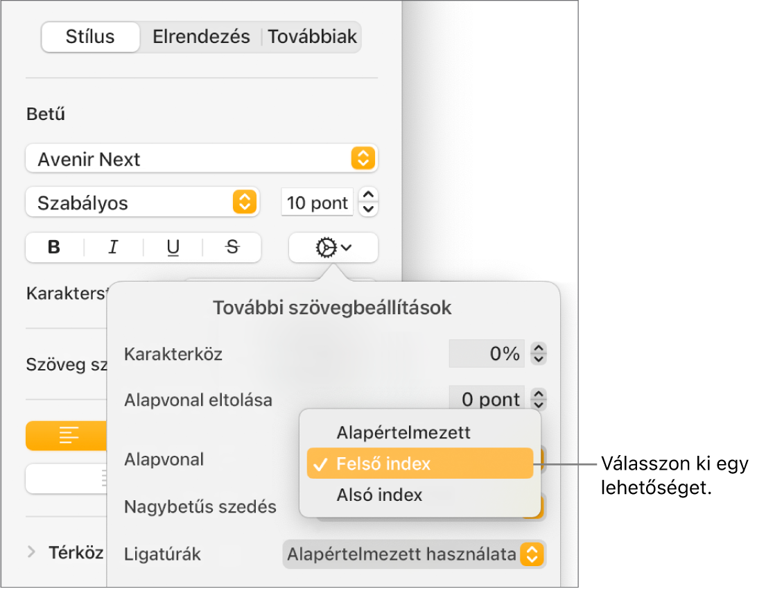 A Haladó beállítások menü az Alapértelmezett, Felső index és Alsó index menüelemeket megjelenítő megnyitott Alapvonal felugró menüvel.