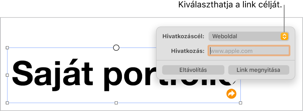 A linkszerkesztő vezérlői a kijelölt Weboldal elemmel, illetve az alul megjelenő Eltávolítás és Link megnyitása gombokkal.
