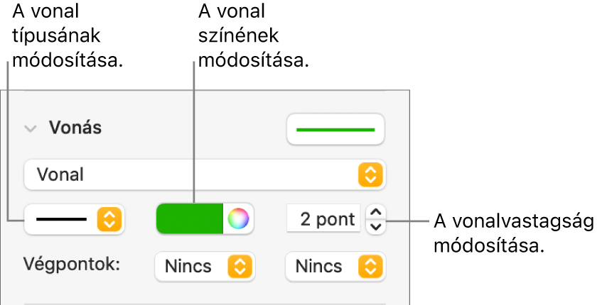 A végpontok, a vonalvastagság és a szín vonásvezérlői.