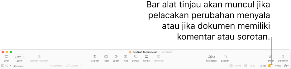 Bar alat Pages dengan pelacakan perubahan dinyalakan dan bar alat tinjauan di bawah bar alat Pages.