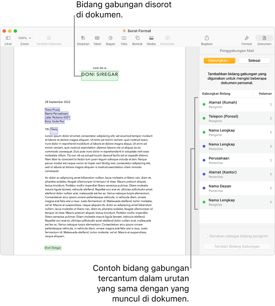 Dokumen Pages dengan bidang gabungan penerima dan pengirim, serta daftar contoh bidang gabungan terlihat di bar samping Dokumen.