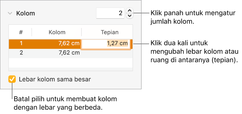 Panel Tata Letak pada inspektur Format, menampilkan kontrol kolom.