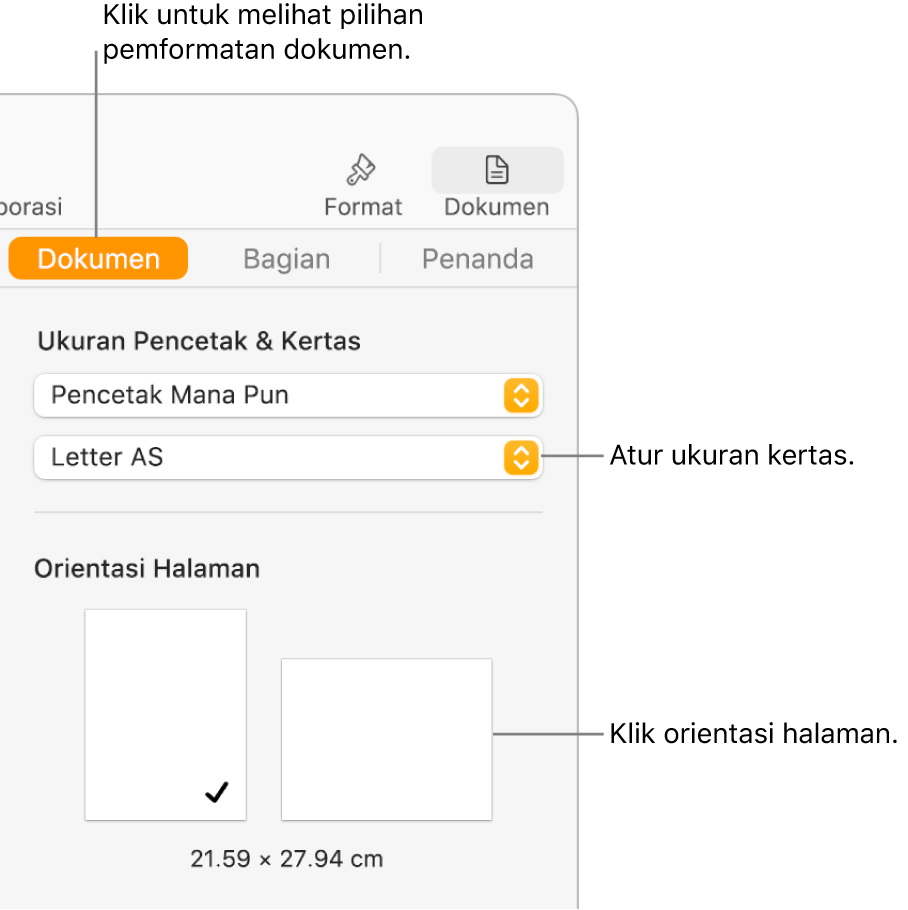 Bar samping Dokumen dengan tab Dokumen di bagian atas bar samping dipilih. Di bar samping terdapat menu pop-up untuk mengatur ukuran kertas, dan tombol untuk orientasi halaman potret dan lanskap.