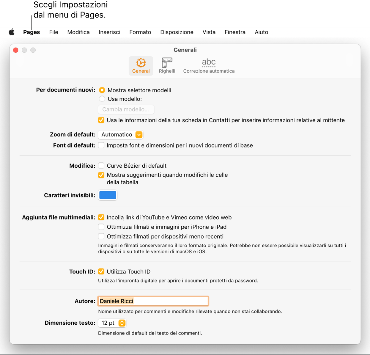 Il pannello Impostazioni di Pages aperto sul pannello Generali.