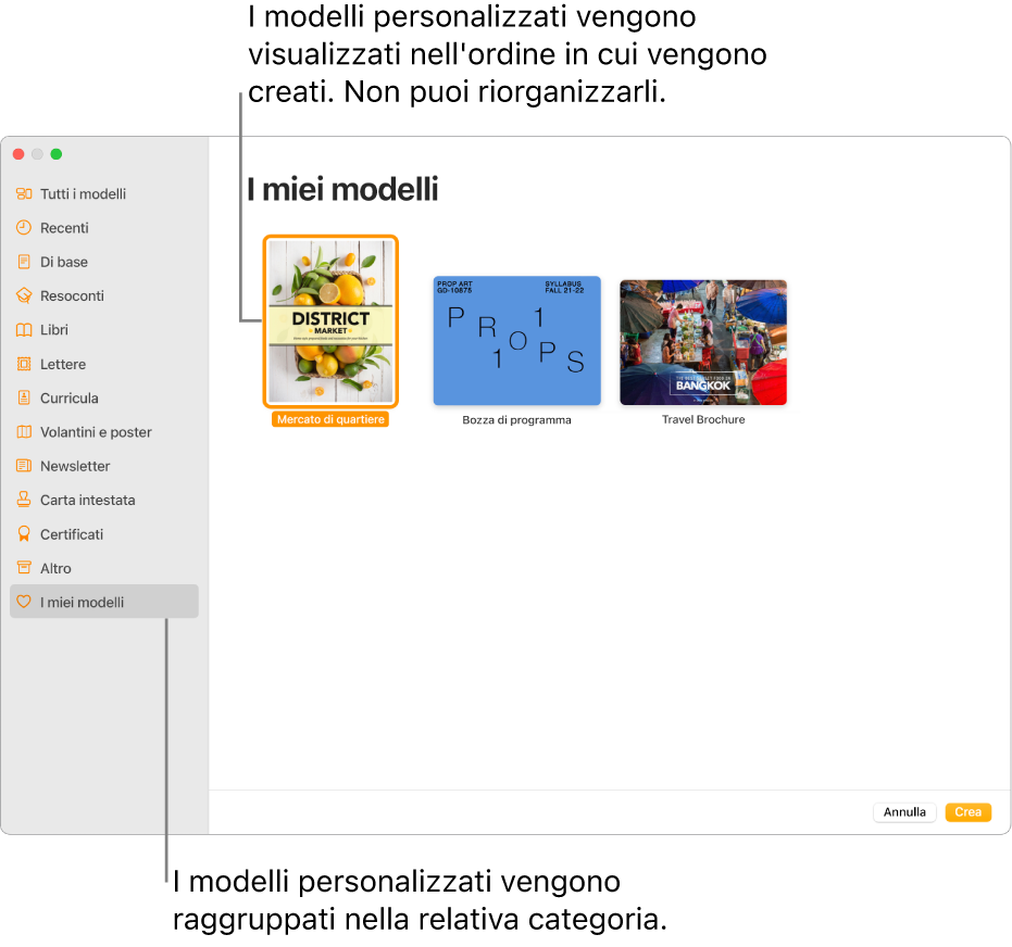 “Scelta modelli” con “I miei modelli” come ultima categoria a sinistra. I modelli personalizzati vengono visualizzati nell’ordine in cui sono stati creati e non possono essere riordinati.