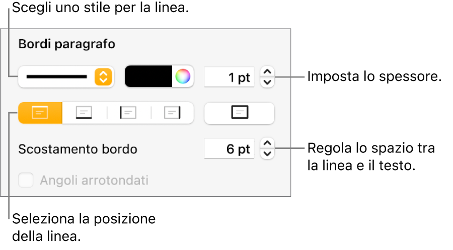 Controlli per modificare lo stile, lo spessore, la posizione e il colore della linea.