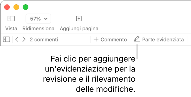 Barra dei menu con il menu Inserisci e sotto la barra strumenti di Pages con gli strumenti di revisione e una didascalia per il pulsante Evidenzia.