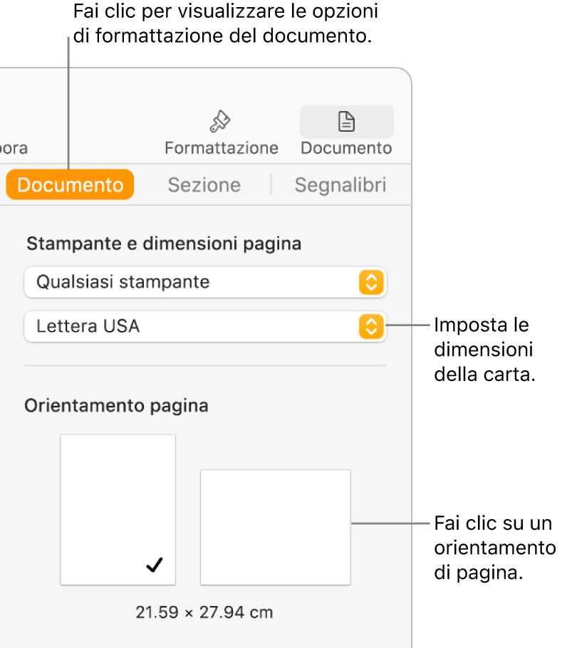 La barra laterale Documento con selezionato il pannello Documento nella parte superiore della barra laterale. Nella barra laterale si trovano un menu a comparsa per impostare le dimensioni di pagina e i pulsanti per l’orientamento della pagina orizzontale e verticale.