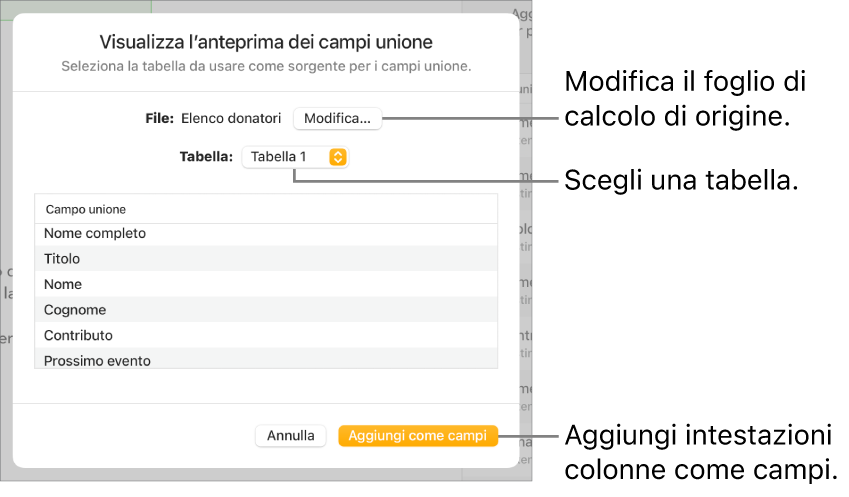 Si apre il riquadro “Anteprima campi unione”, con le opzioni per modificare il file o la tabella di origine, visualizzare l’anteprima dei nomi dei campi unione o aggiungere le intestazioni delle colonne come campi.