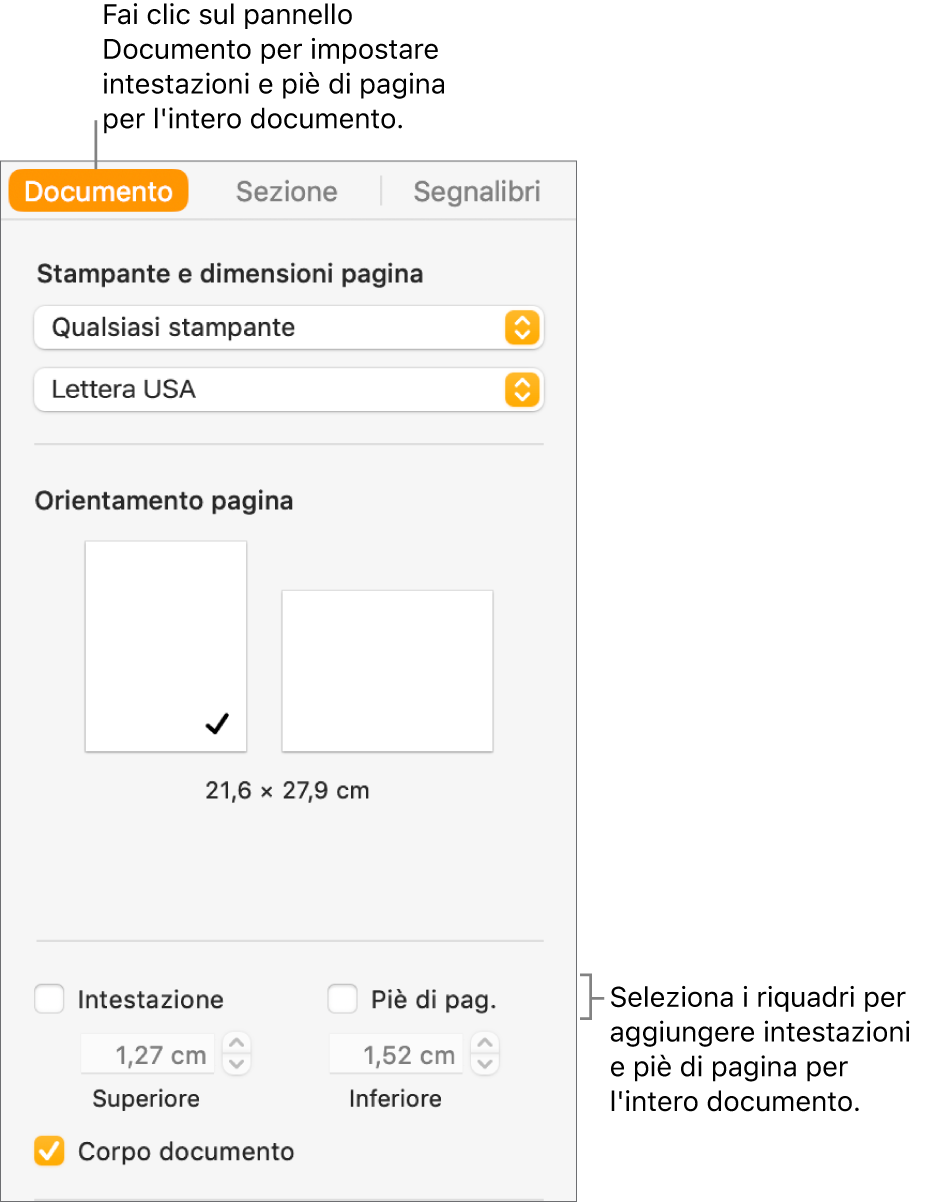 La barra laterale Documento con selezionato il pannello Documento nella parte superiore della barra laterale. Sotto ai riquadri Intestazioni e “Piè di pagina” sono presenti delle frecce utilizzabili per modificare la distanza di intestazioni e piè di pagina dai bordi superiore e inferiore della pagina.