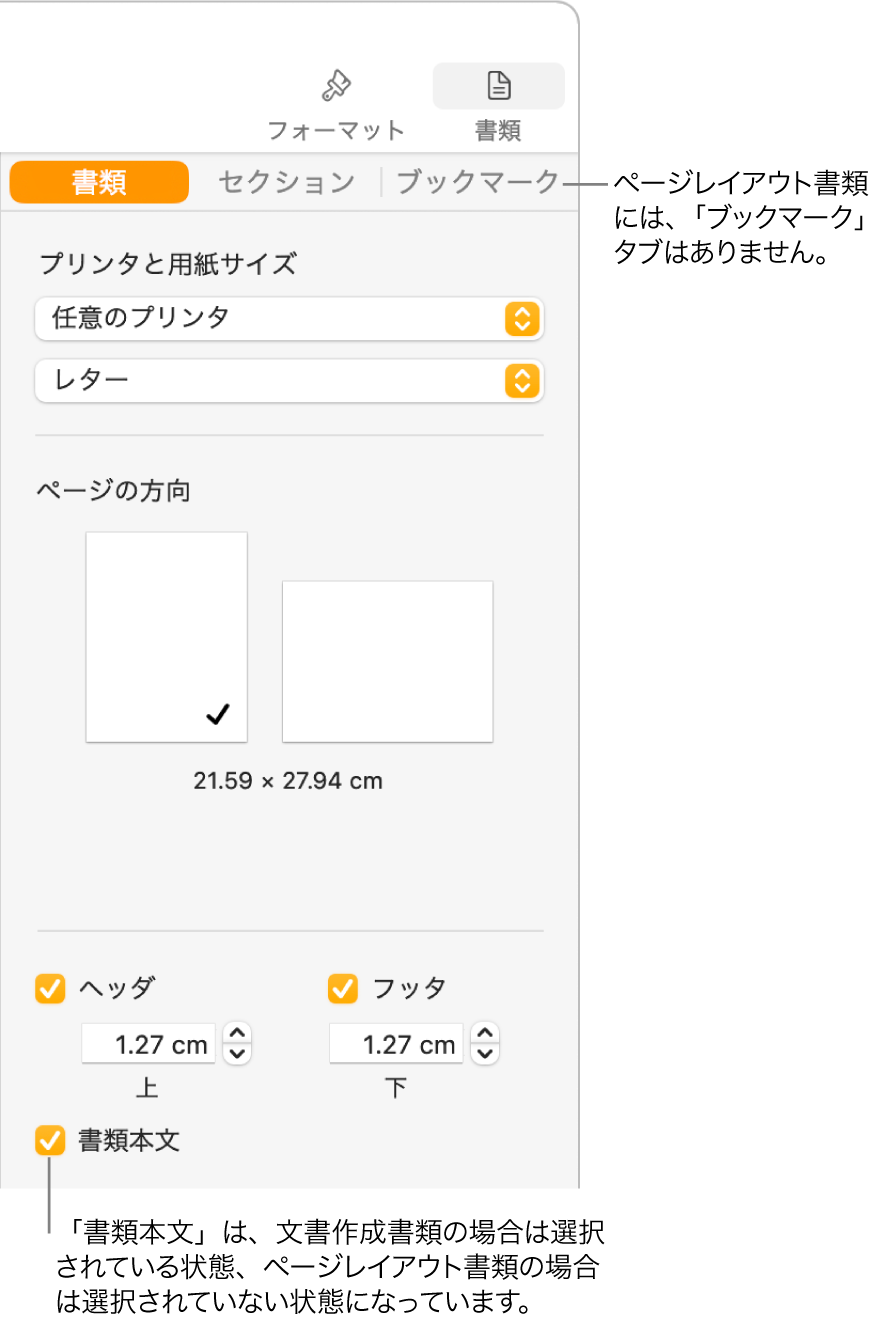 「フォーマット」サイドバー。上部に「書類」、「セクション」、「ブックマーク」の各タブがあります。「書類」タブが選択されていて、「ブックマーク」タブへのコールアウトに、ページレイアウト書類には「ブックマーク」タブがないことが示されています。「書類本文」チェックボックスが選択されています。これが文書作成書類であることも示しています。