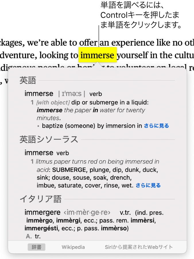 段落内で強調表示された単語とその定義およびシソーラスエントリーが表示されたウインドウ。ウインドウの下部にあるボタンは、辞書、Wikipedia、およびSiriから提案されたWebサイトへのリンクになっています。