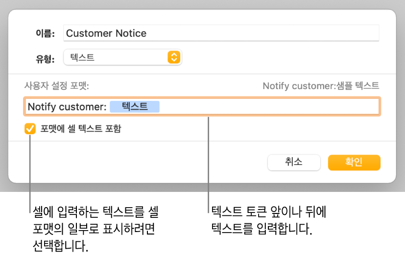 사용자 설정 텍스트 포맷을 선택하기 위한 제어기가 있는 사용자 설정 셀 포맷 윈도우.