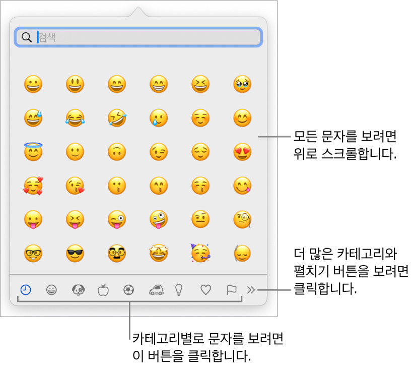 문자 뷰어는 이모티콘, 기호의 다양한 카테고리에 대한 하단 버튼, 더 많은 카테고리를 표시하는 버튼 및 확장 버튼을 표시함.