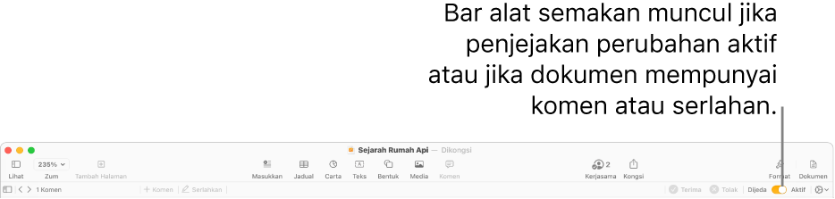 Bar alat Pages dengan penjejakan perubahan aktif dan bar alat semakan di bawah bar alat Pages.