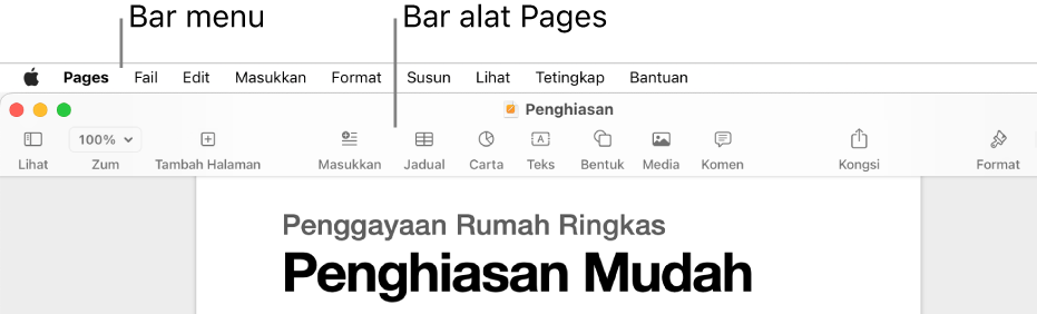 Bar menu di bahagian atas skrin dengan menu Apple, Pages, Fail, Edit, Masukkan, Format, Susun, Paparan, Tetingkap dan Bantuan. Di bawah bar menu ialah dokumen Pages terbuka dengan butang bar alat merentas bahagian atas untuk Paparan, Zum, Tambah Halaman, Masukkan, Jadual, Carta, Teks, Bentuk, Media, Komen, Kongsi dan Format.