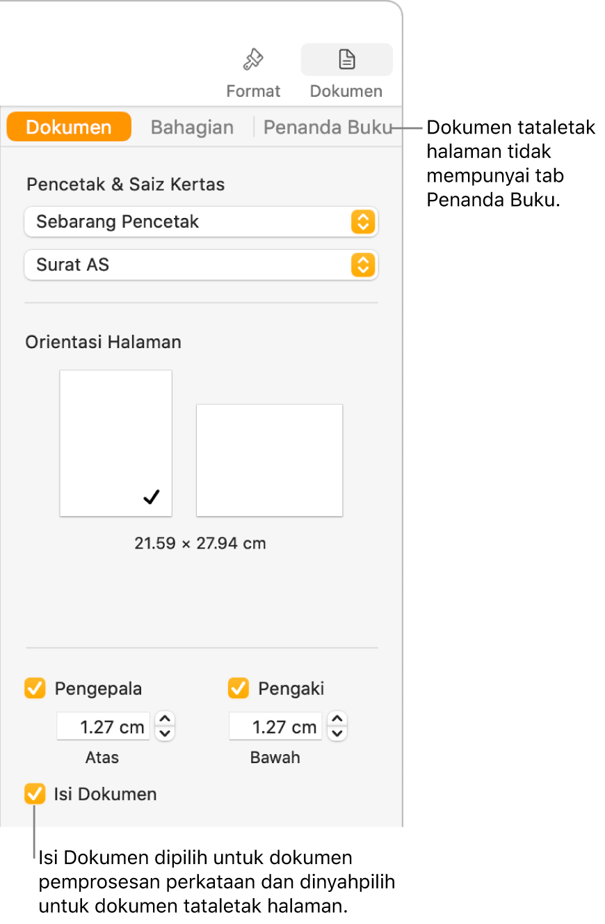 Bar sisi Format dengan tab Dokumen, Bahagian dan Penanda Buku di bahagian atas. Tab Dokumen dipilih dan petak bual ke tab Penanda Buku menyatakan yang dokumen tataletak halaman tidak mempunyai tab Penanda Buku. Kotak semak Isi Dokumen dipilih, yang juga menandakan bahawa ini ialah dokumen pemprosesan perkataan.